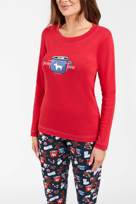 Pijama de manga larga y pantalón largo Makala Ladies Italian Fashion - rojo/estampado
