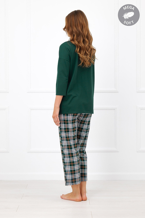 Pijama de mujer Italian Fashion Arwena de algodón, manga 3/4, pantalón 7/8 a cuadros - verde
