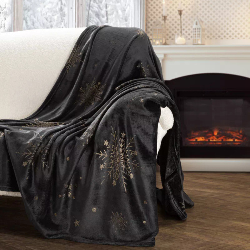 Eurofirany Manta de Navidad copos de nieve oro negro - colcha de microfibra suave, 240 g/m²