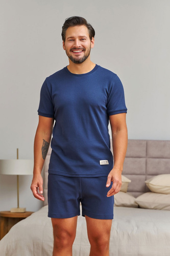 Pijama para hombre Doctor Nap 7413 azul marino de algodón acanalado, camiseta y pantalones cortos