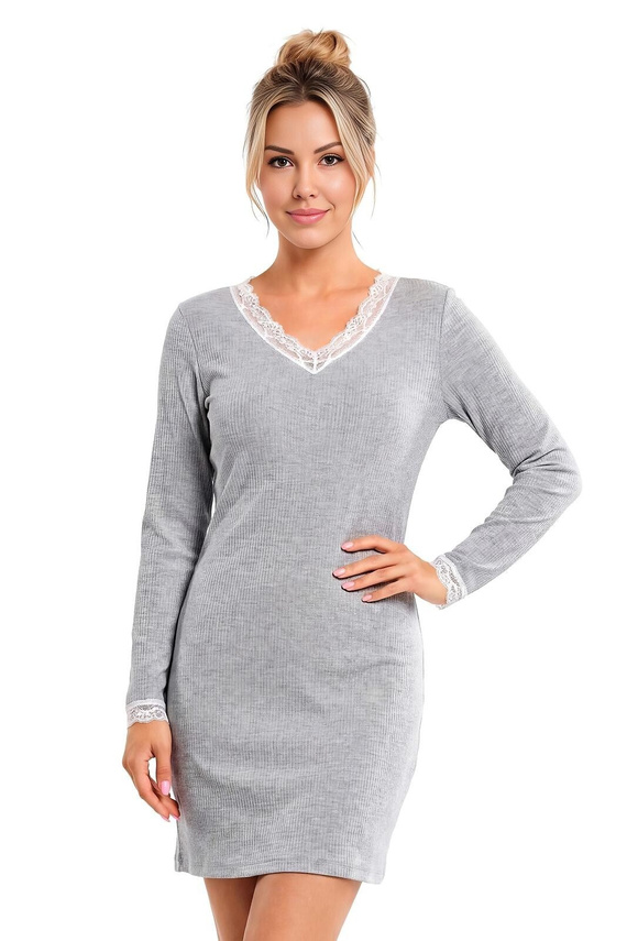 Donna Megi II Camisón Gris de Manga Larga con Canalé y Encaje