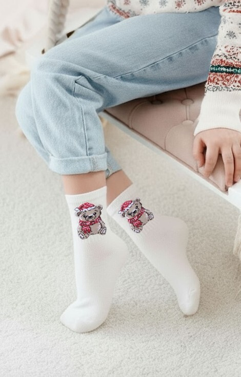 1306-009 Calcetines de Navidad para niña Milena algodón crudo, diseño osito