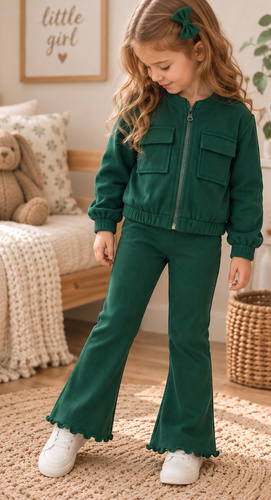 Mamatti DR819 Chándal verde para niña con bomber con cremallera y leggings acampanados de canalé