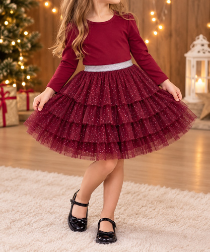 Vestido infantil Mamatti SK820 de algodón con tul y goma brillante en la cintura color burdeos
