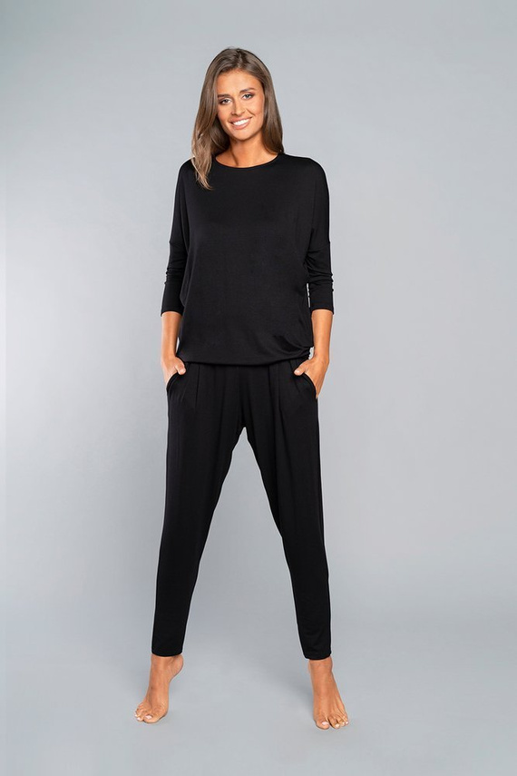 Estilo Conjunto de manga 3/4 para mujer, largo.pantalones moda italiana negro