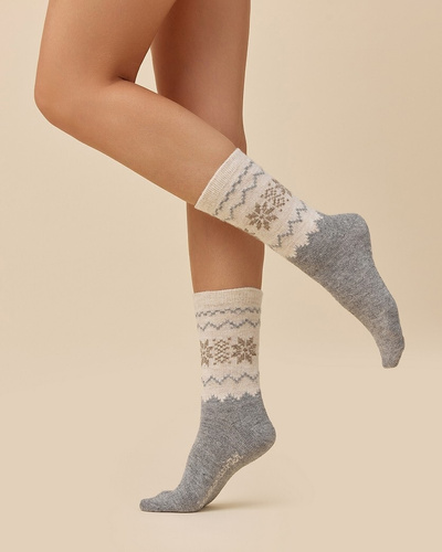 Calcetines de mujer Gabriella SW/070 melange light-latte- invierno, lana y acrílico, cálidos con dibujo