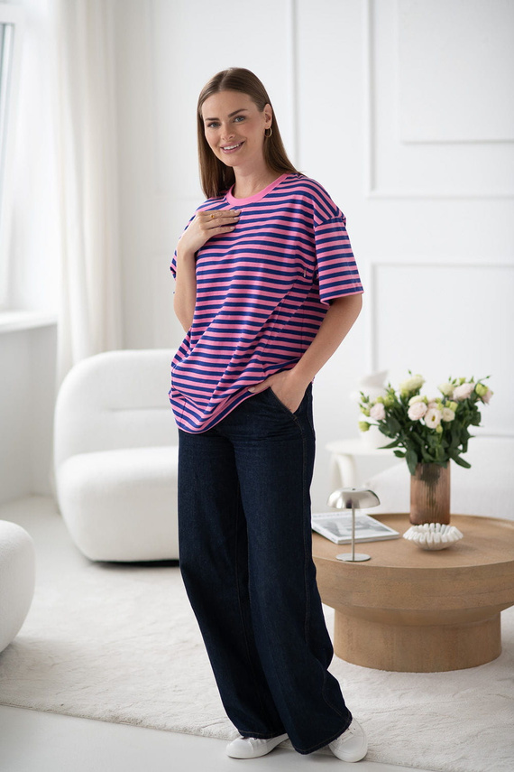 Camiseta de maternidad y lactancia Mamahood Milk&Love a rayas rosas y azules - cómoda y elegante