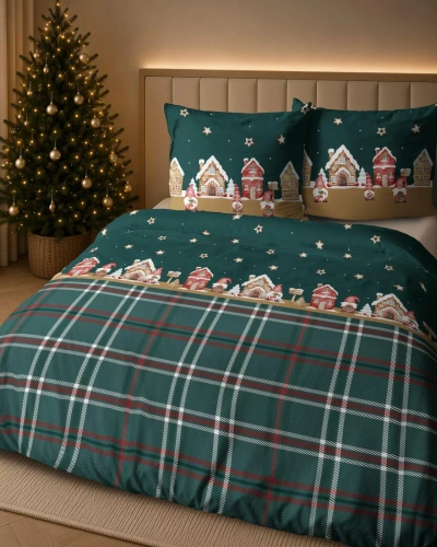 Ropa de cama Detexpol 6055 B Aldea Navideña verde roja 100% algodón