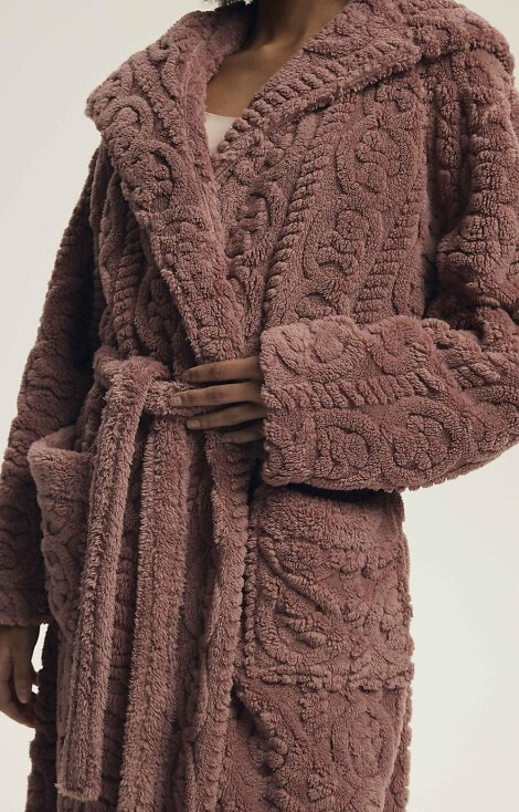 43592 Darlena Henderson dusty rose - albornoz con capucha para mujer, largo, suave, estampado