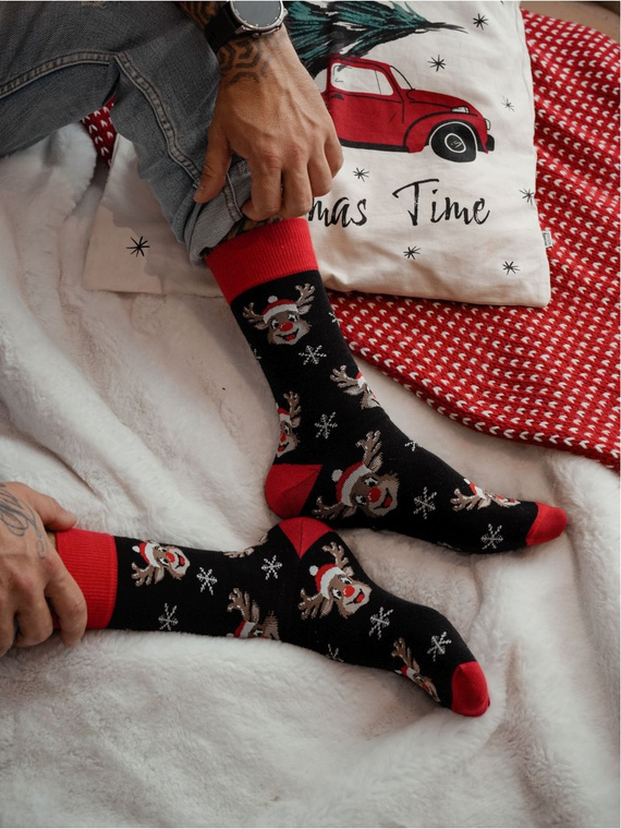 1290-033 Calcetines de Navidad para hombre Milena - Reno sonriente, negro