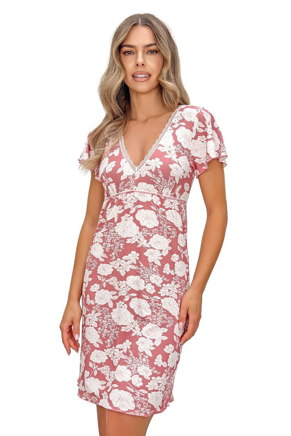 Camisón de señora Tina Donna rosa empolvado - elegante camisón de viscosa con estampado floral, escote en V y lazo de encaje, mangas cortas
