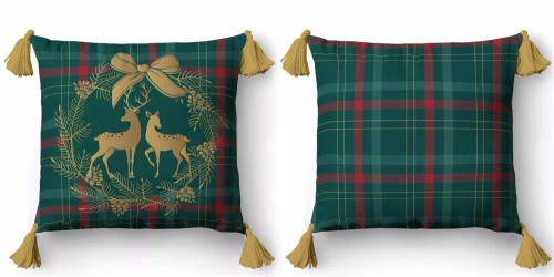 5380 A Christmas Deco Funda de cojín decorativa Detexpol reno en corona sobre fondo de cuadros- zip
