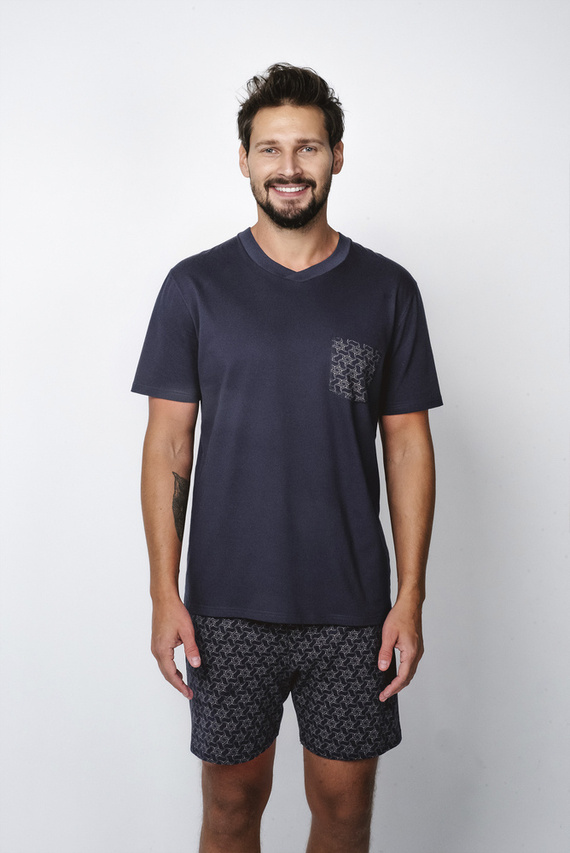 Diaz Pijama de manga corta para hombre, pantalón corto Moda Italiana - azul marino/estampado