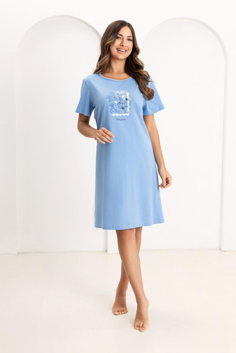 Camisón Regina 174, algodón, manga corta, medio cuello redondo, estampado azul