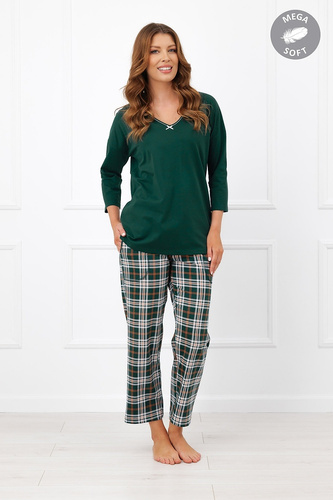 Pijama de mujer Italian Fashion Arwena de algodón, manga 3/4, pantalón 7/8 a cuadros - verde