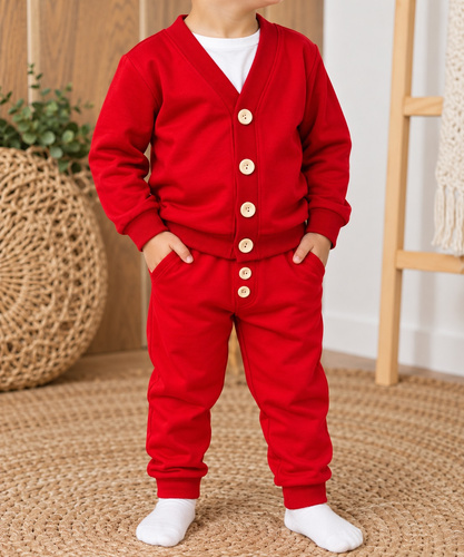 Komplet infantil Mamatti MK014 rojo – cárdigan y pantalones de algodón