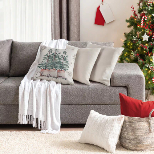 Chp 223 Eurofirany Funda de almohada navideña - crema con árboles de Navidad verdes, decorativa