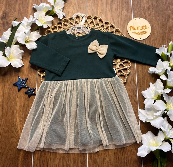 Mamatti SK919 vestido infantil verde con tul y lazo dorado