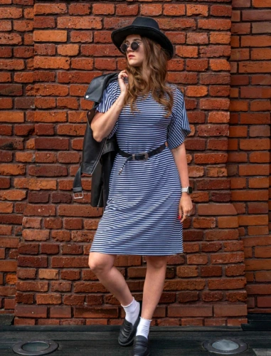 De Lafense Cote 062 Vestido de mujer a rayas con viscosa Corte holgado - azul marino
