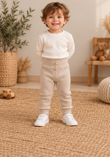 Leggings infantiles LC012 beige de algodón acanalado con botones de madera