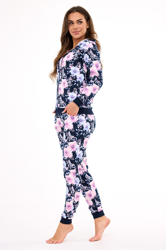 355/464 Pijama de mujer Maddie Cornette - Azul marino 3 piezas con blusa con flores y sudadera con capucha