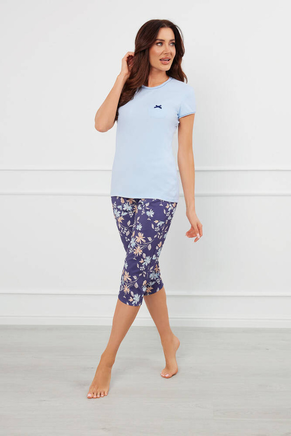 Pijama Pulia Mujer manga corta, pantalón 3/4 Moda Italiana - azul/estampado