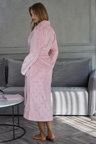 Bata larga de mujer L&L Gigi 2642 hasta la pantorrilla, suave, con chal en corazones - rosa empolvado