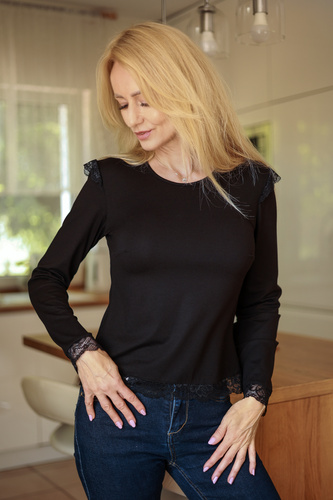 Mirale Ivy Blusa de viscosa para mujer con encaje Elegante Manga larga - negra