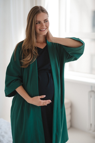 Milk&Love bata de maternidad verde botella - algodón con elastano, cómoda, manga 7/8