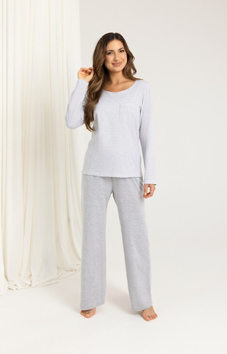 715 Pijama señora Regina gris - algodón, camisa a rayas con bolsillo