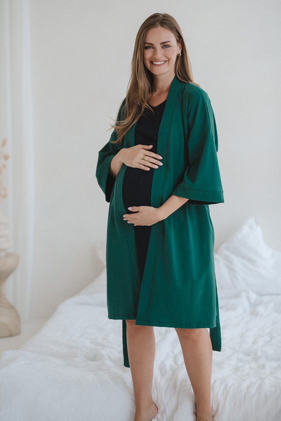 Milk&Love bata de maternidad verde botella - algodón con elastano, cómoda, manga 7/8