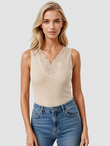 Top mujer Ovena Eldar de viscosa acanalada con escote V de encaje