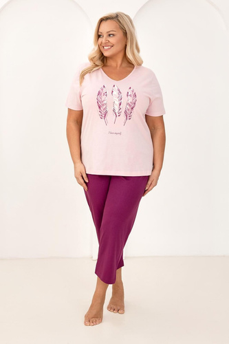 Pijama de algodón para mujer Regina 742 rosa- Cuello en V, manga corta, camisa estampada, pantalón 3/4, 100% algodón