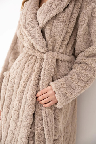 Sensis Blair albornoz de mujer beige suave hasta la rodilla con cinturón y bolsillos