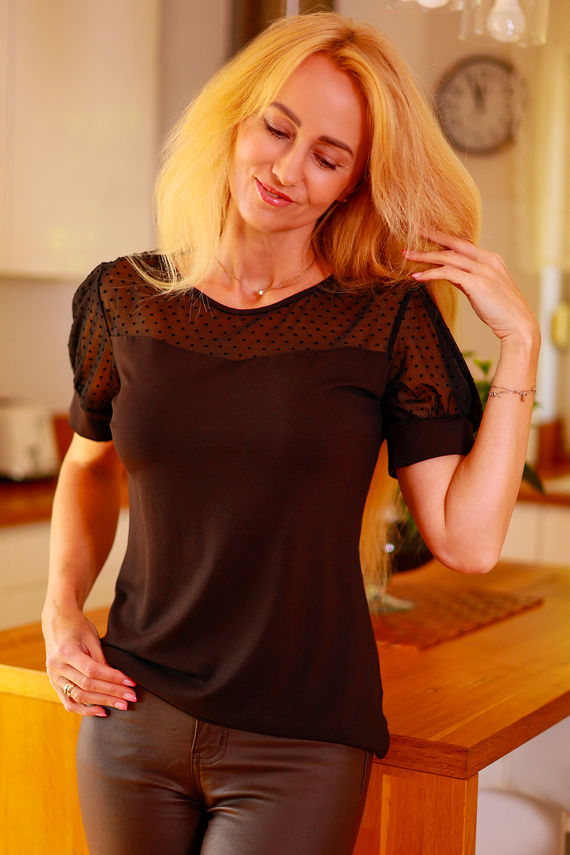 Ava Mirale blusa mujer - viscosa, tul guisante, mangas buff - negro