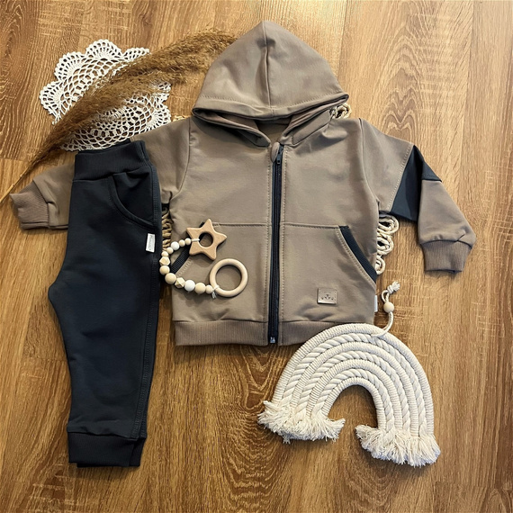 Mamatti DR2147 Conjunto de chándal infantil de algodón para niño Sudadera con cremallera Pantalones con bolsillos Marrón/Negro