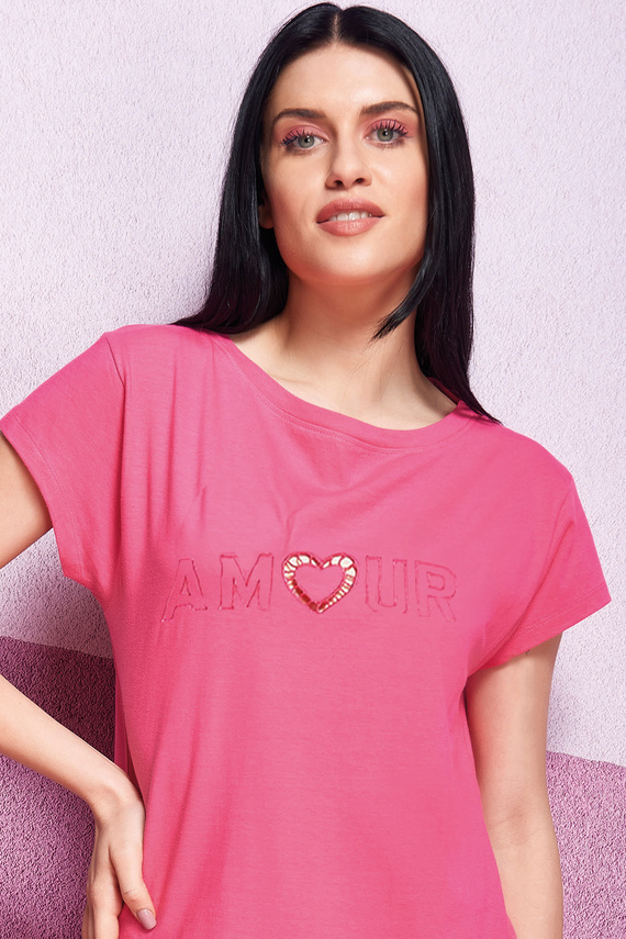 Oxksana Camisón rosa - 100% algodón, corazón bordado, encaje y volante