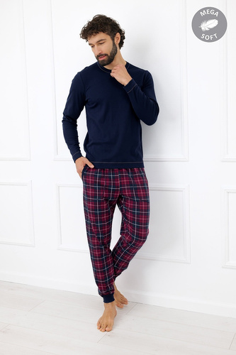 Italian Fashion Brajan Pijama masculina Mega Soft pantalón largo a cuadros azul marino