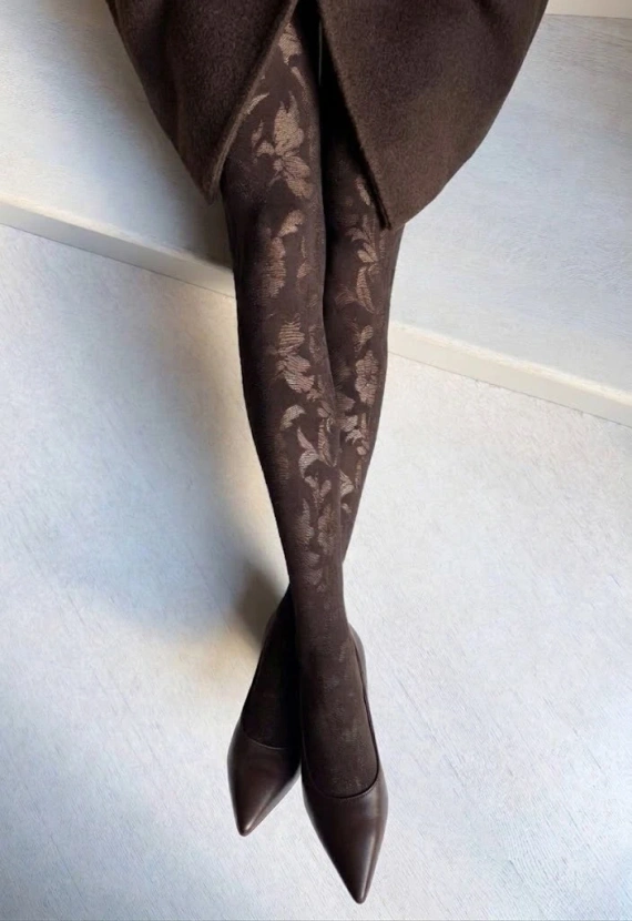 Veneziana Bella Donna 60 DEN medias de mujer con grandes flores de microfibra - cappuccino