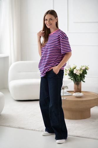 Camiseta de maternidad y lactancia Mamahood Milk&Love a rayas rosas y azules - cómoda y elegante