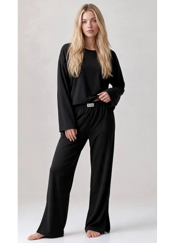 Pijama de mujer Luna 1312 100% algodón oversize pantalones anchos homewear - negro