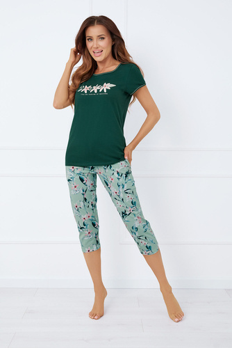 Florisa Pijama de señora de manga corta, pantalón 3/4 Moda Italiana - verde oscuro/estampado