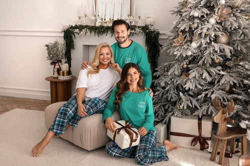 Pijama de señora Regina 743 verde - algodón, largo. manga, estampado, pantalón de cuadros