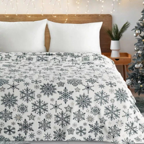 Eurofirany Manta de Navidad blanca azul marino copos de nieve - colcha de microfibra suave, 240 g/m²