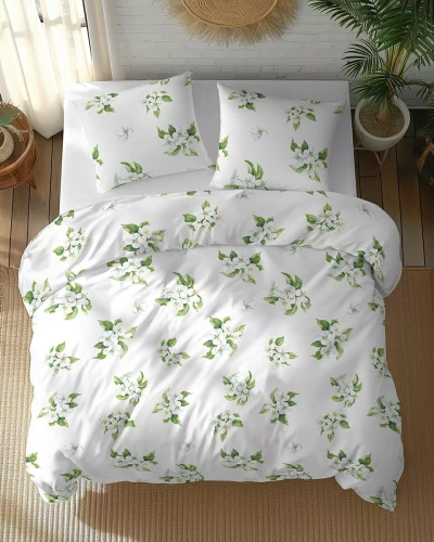 5766 B Algodón Bloom Detexpol ropa de cama blanca con flores blancas con hojas verdes - 100% algodón, doble cara, producción polaca