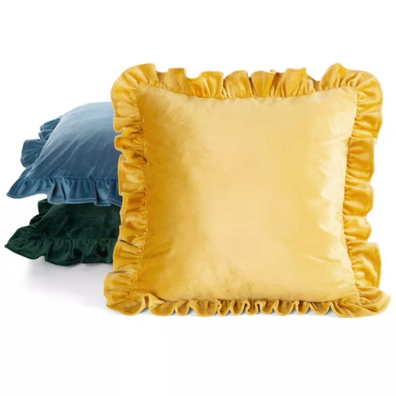 Funda Brenda 45x45 verde salvia terciopelo con volante mustard