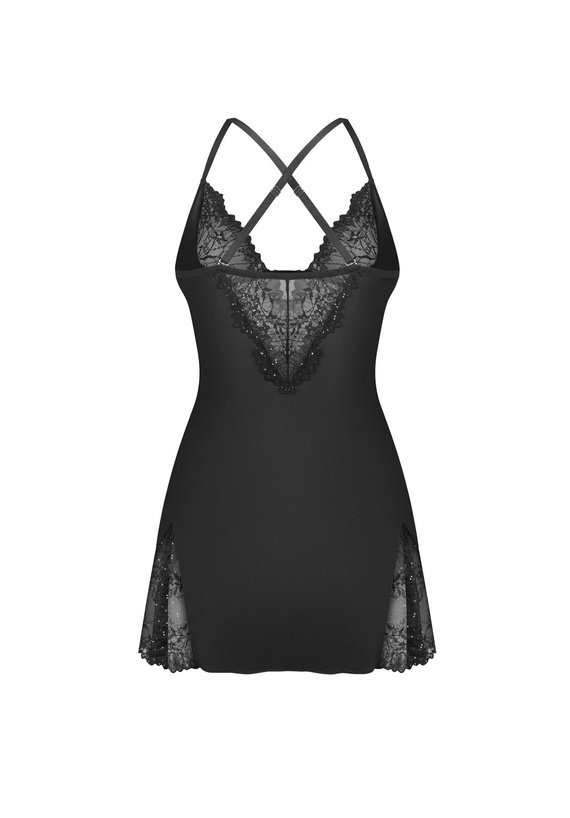 Obsessive Sparkly Night babydoll negro con encaje y tanga, conjunto