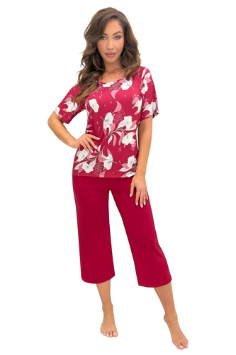 Piżama para mujer Donna Brigitte burdeos de viscosa, camiseta de manga corta y pantalones 3/4