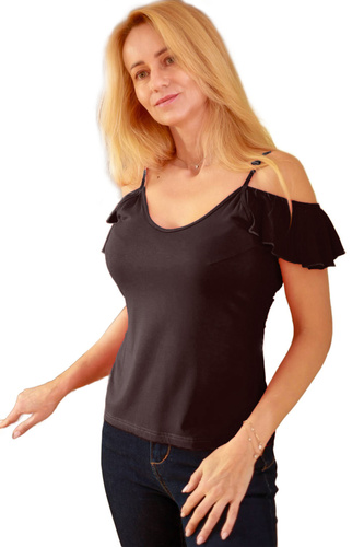Vera Blusa de mujer Mirale - hombro abierto, volante, viscosa - negro