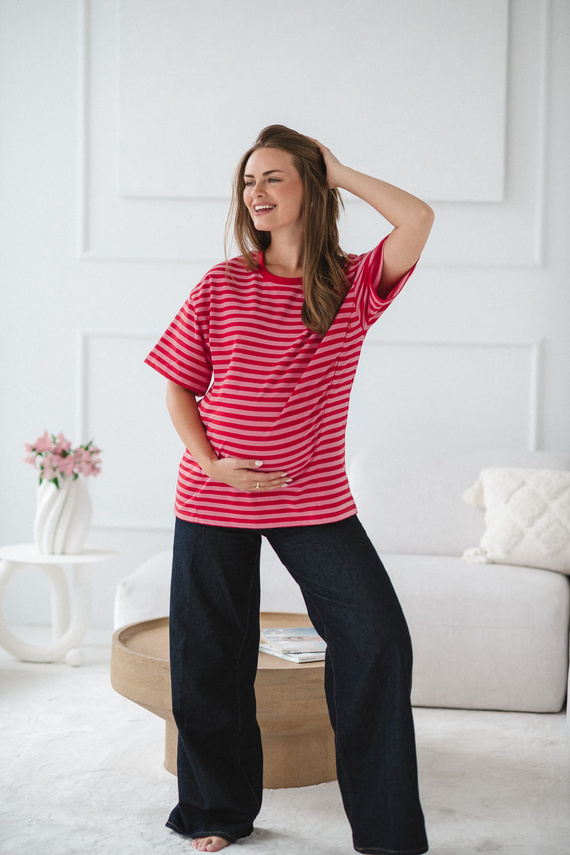 Mamahood Camiseta de embarazo y lactancia Milk&Love a rayas rojo-rosa- cómoda y elegante